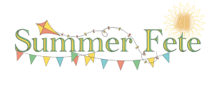Summer Fete title for a free event in tunbridge wells. Multi-coloured bunting and a picture of the sun with the number forty inside, the amount of years trinity has existed. 1928-2022